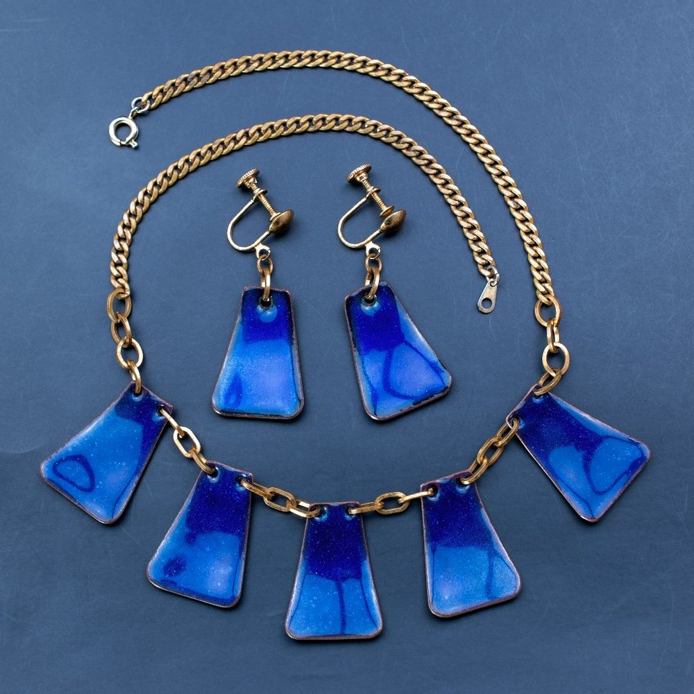 Navy blue enamel link necklace gold, deep blue dangle clip on earrings